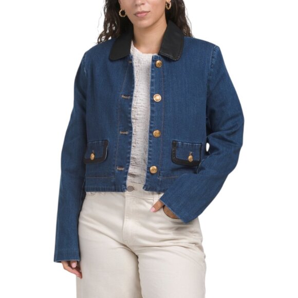 ELLEN TRACY Boxy Denim Jacket With Faux Leather Trim - Picture 1 of 3